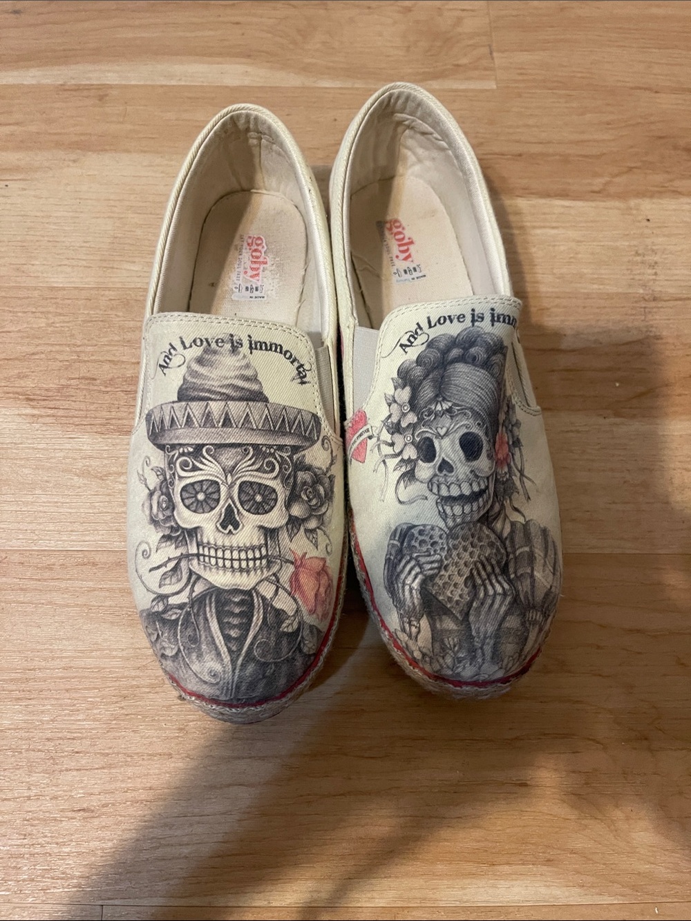 Goby Canvas Slip-On Shoes with Skull & Script Graphic - Cream - Picture 2 of 6